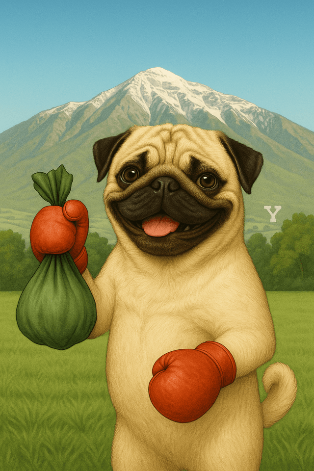 Poofight pug mascot holding poop bag